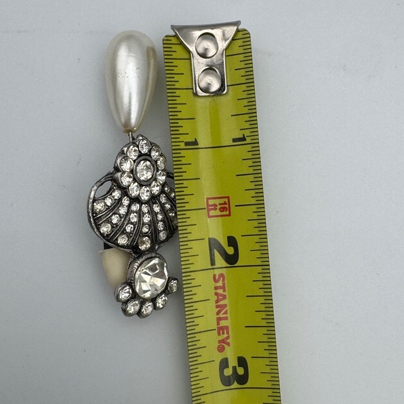 Art Deco Fan Crystal Pearl‎ Drop Earrings Silver Tone Glamour Vintage - Picture 8 of 8